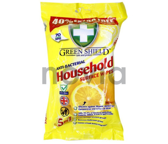 Green Shield Household "5 in 1" 'Lemon' Antibakterinės servetėlės ​​paviršių valymui - 70 vnt.